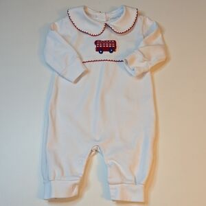 Little English Romper with Red Bus Embroidery And Peter Pan Collar
